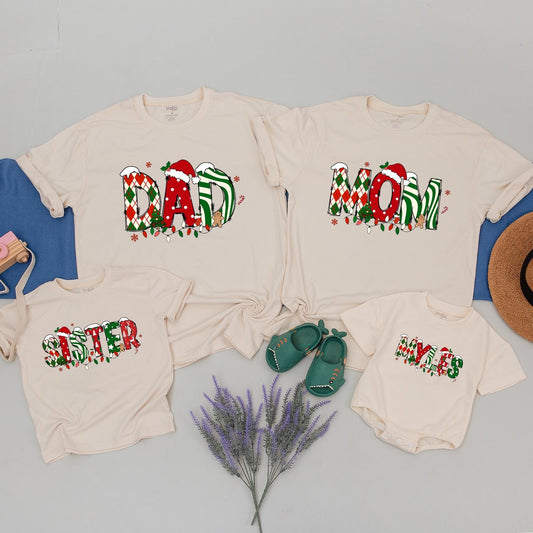 Custom Family Matching Christmas Apparel with Festive Red Green Name Letters for Mom Dad Sister Kids Santa Hats Snowflakes