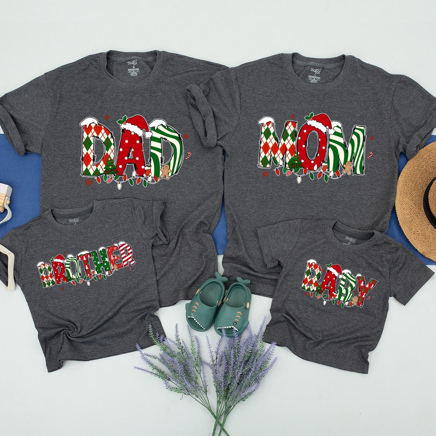 Custom Family Matching Christmas Apparel with Festive Red Green Name Letters for Mom Dad Sister Kids Santa Hats Snowflakes