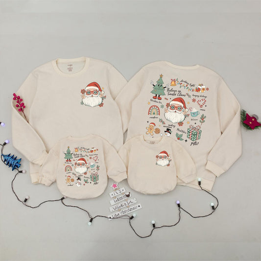 Retro Santa Claus Sweatshirt Vintage Christmas Family Matching Outfit with Funny Sunglasses Floral Rainbow Design Believe in Santa Claus Holiday Gift
