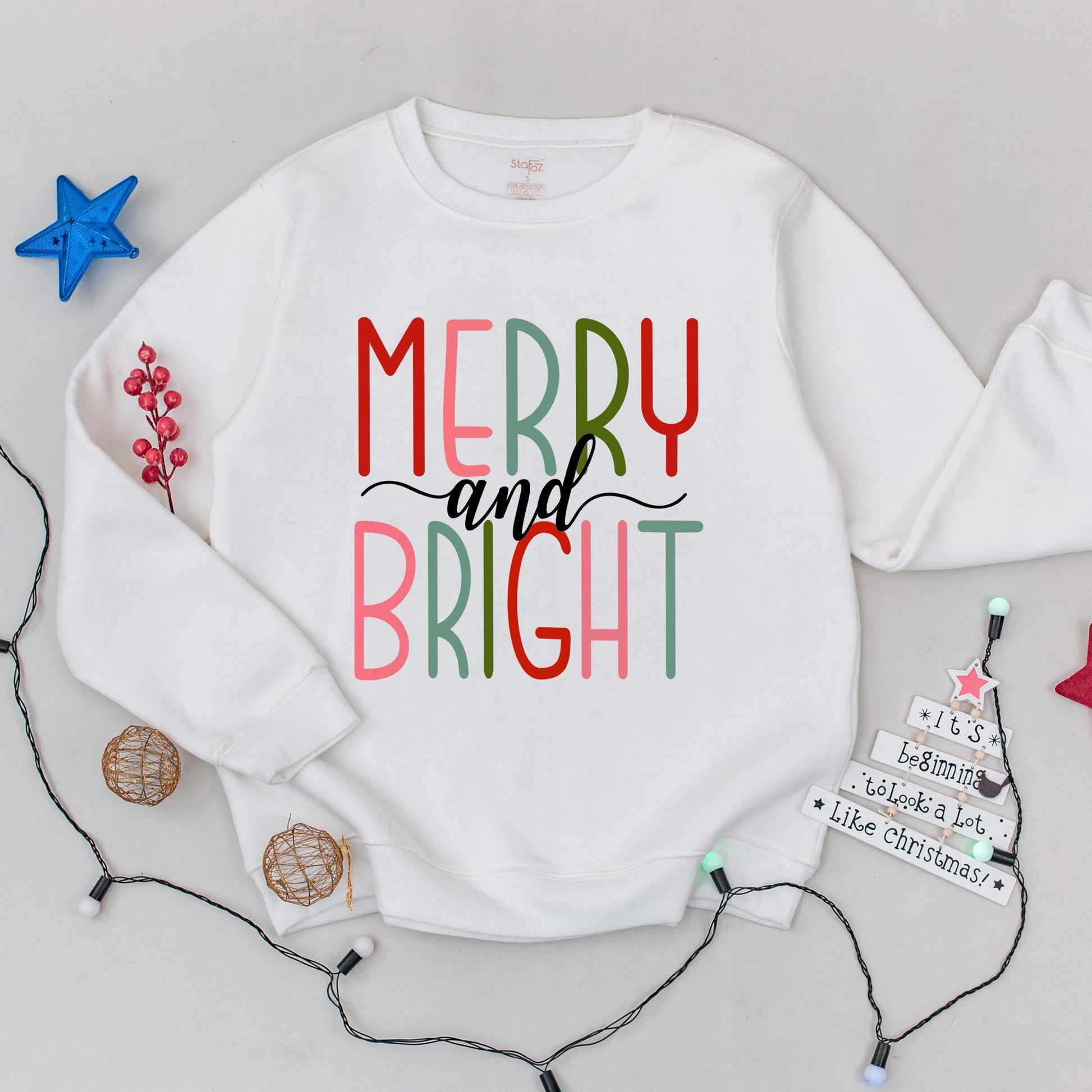 Merry and Bright Christmas Sweatshirt for Women Festive Stacked Text Design Family Holiday Season Apparel Cozy Soft Cotton Top Red Green Pink