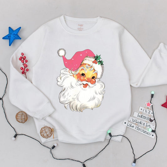 Pink Santa Retro Christmas Sweatshirt for Women Matching Family Holiday Party Sweater Vintage Pink Hat Polka Dot Holly Classic Crewneck