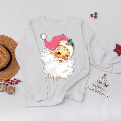 Pink Santa Retro Christmas Sweatshirt for Women Matching Family Holiday Party Sweater Vintage Pink Hat Polka Dot Holly Classic Crewneck