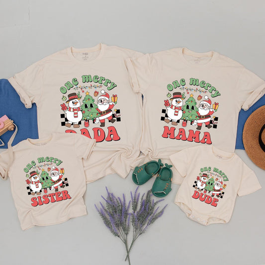 Custom One Merry Matching Family Christmas Shirts Retro Santa Snowman Christmas Tree Vintage Holiday Tops Dada Mama Sister Brother Dude Gift