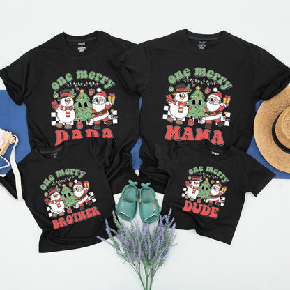 Custom One Merry Matching Family Christmas Shirts Retro Santa Snowman Christmas Tree Vintage Holiday Tops Dada Mama Sister Brother Dude Gift