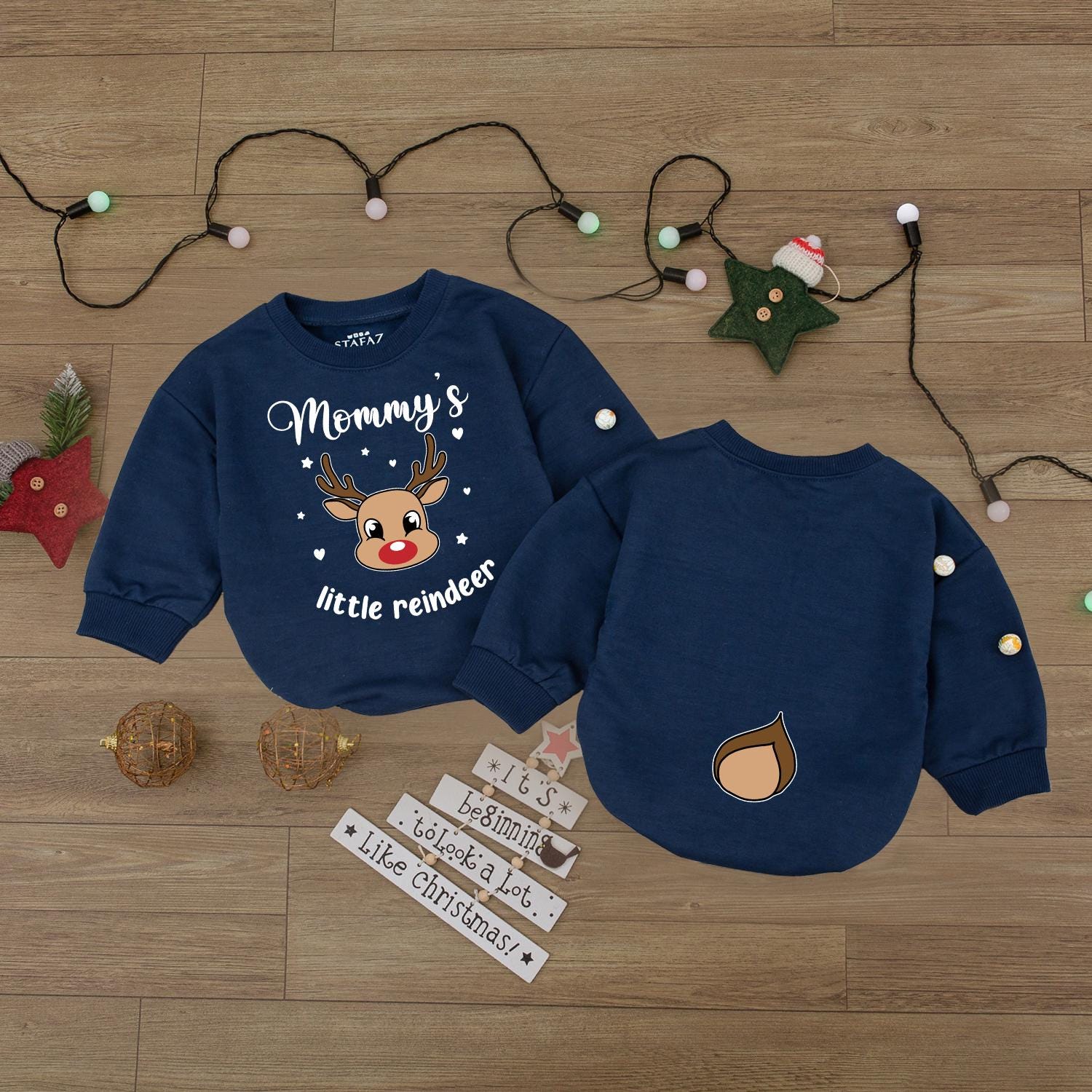 Mommy's Little Reindeer Holiday Outfit! Baby Romper & Kids Shirt Set, Cute Christmas Reindeer Face and Tail Design, Matching Family First Christmas Fun 140