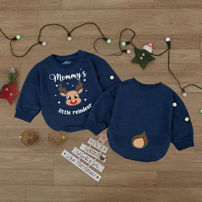 Mommy's Little Reindeer Holiday Outfit! Baby Romper & Kids Shirt Set, Cute Christmas Reindeer Face and Tail Design, Matching Family First Christmas Fun 140