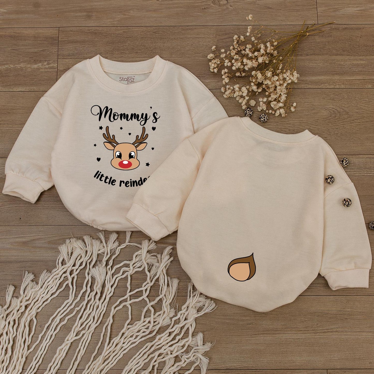 Mommy's Little Reindeer Holiday Outfit! Baby Romper & Kids Shirt Set, Cute Christmas Reindeer Face and Tail Design, Matching Family First Christmas Fun 140