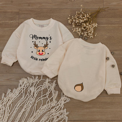 Mommy's Little Reindeer Holiday Outfit! Baby Romper & Kids Shirt Set, Cute Christmas Reindeer Face and Tail Design, Matching Family First Christmas Fun 140