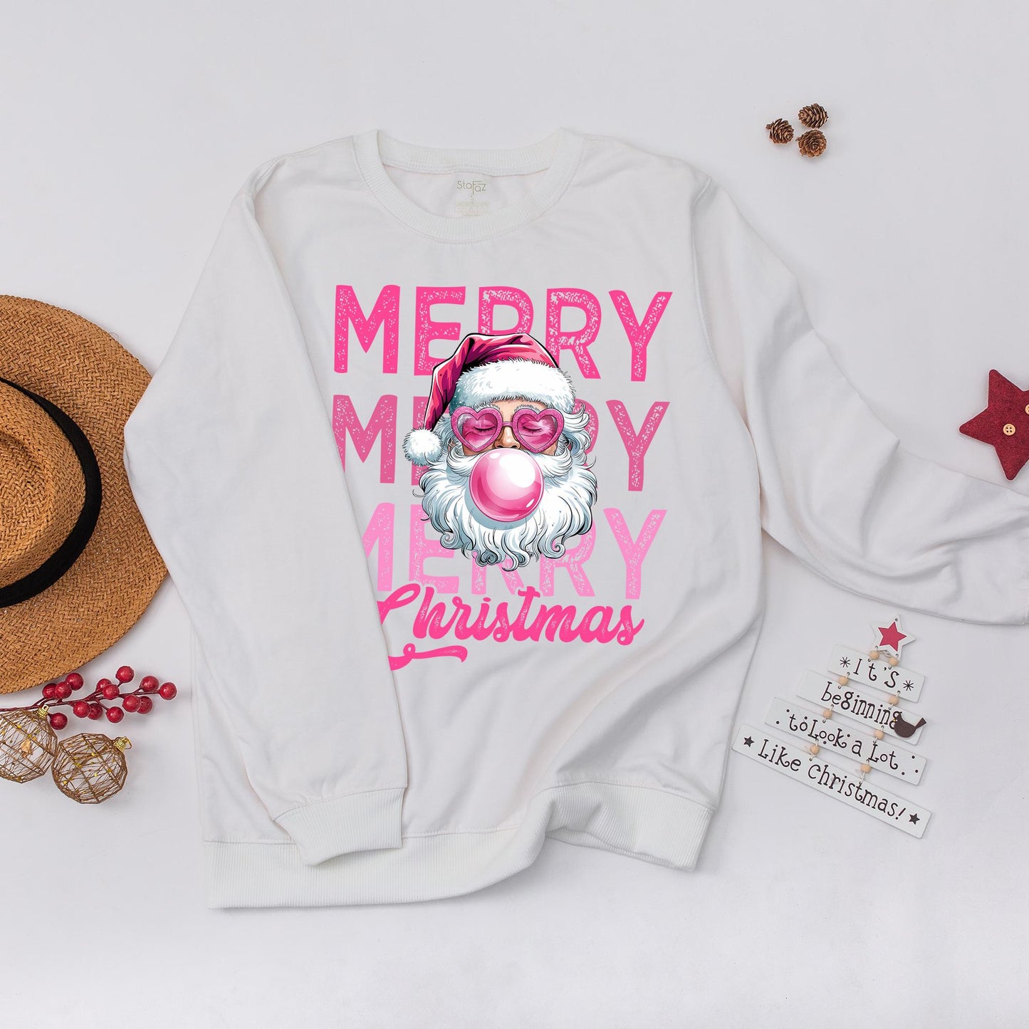 Funny Retro Pink Bubblegum Santa Christmas Sweatshirt for Women with Heart Sunglasses & Distressed Merry Christmas Text Holiday Season Gift