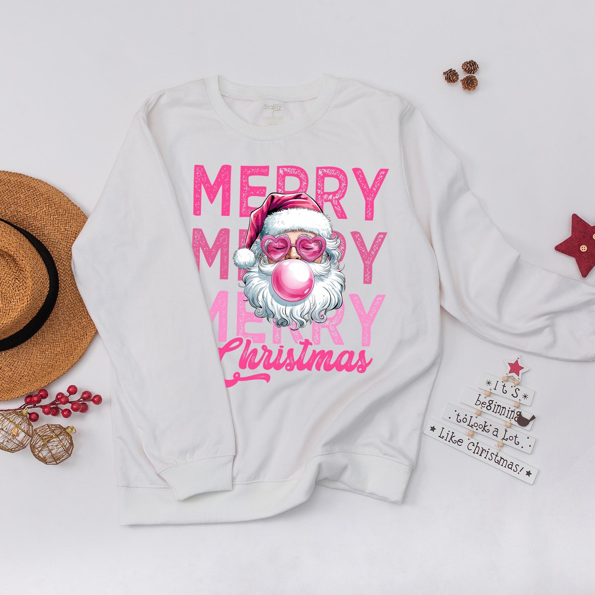 Funny Retro Pink Bubblegum Santa Christmas Sweatshirt for Women with Heart Sunglasses & Distressed Merry Christmas Text Holiday Season Gift