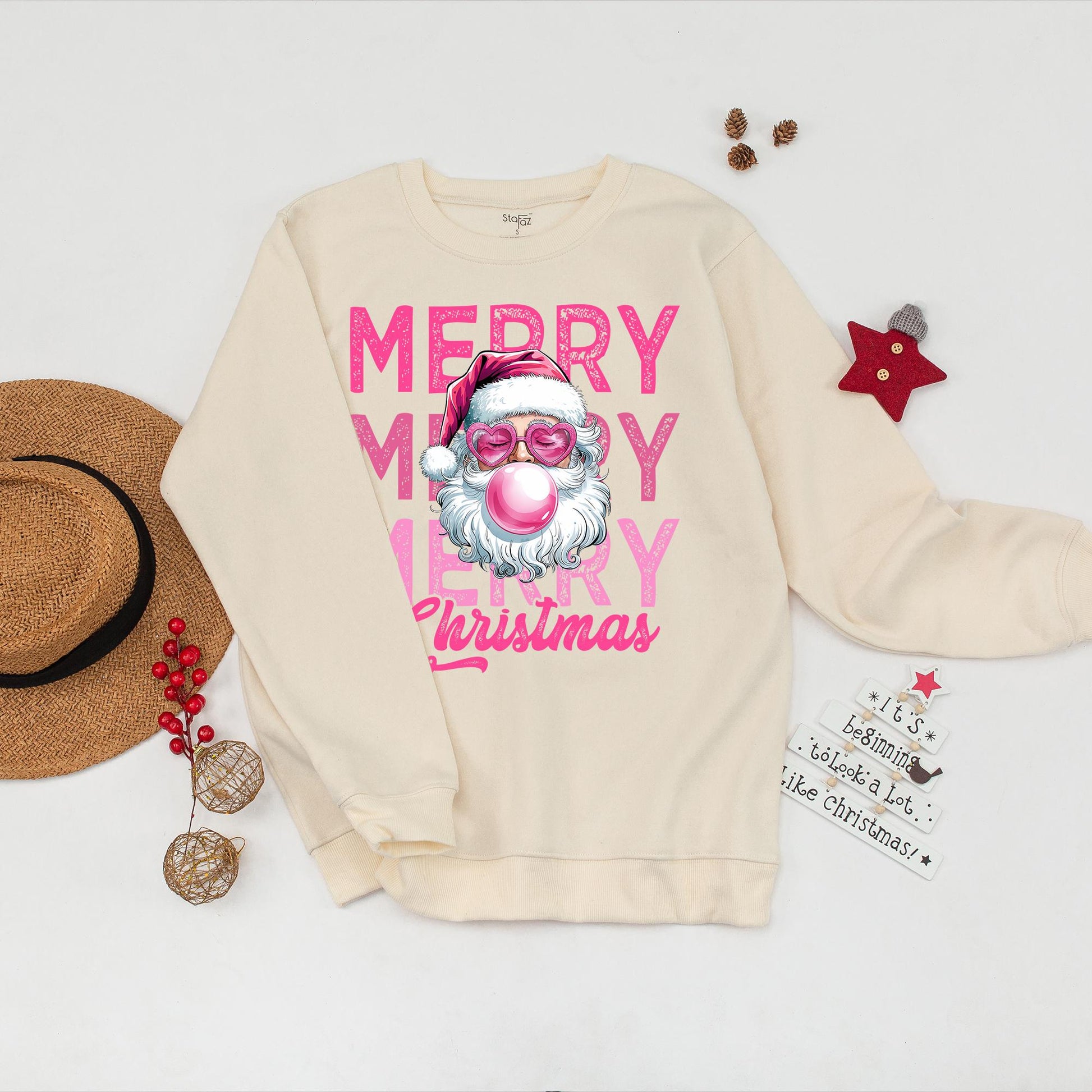 Funny Retro Pink Bubblegum Santa Christmas Sweatshirt for Women with Heart Sunglasses & Distressed Merry Christmas Text Holiday Season Gift