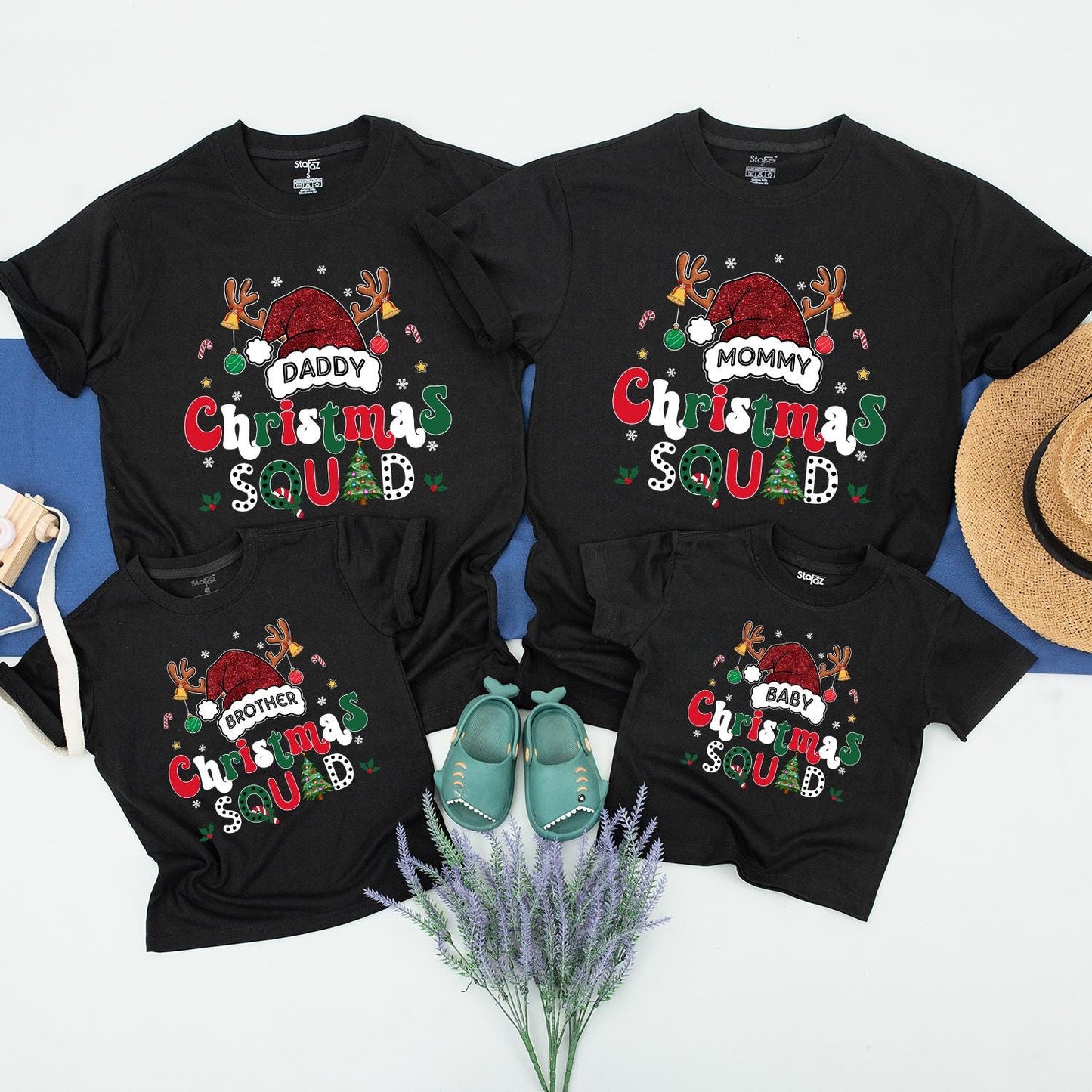 Custom Matching Family Christmas Squad Shirts with Santa Hat Design for Mom Dad Kids Baby 2024 Festive Holiday Outfits Playful Xmas Crew Gift