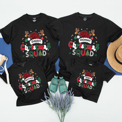 Custom Matching Family Christmas Squad Shirts with Santa Hat Design for Mom Dad Kids Baby 2024 Festive Holiday Outfits Playful Xmas Crew Gift