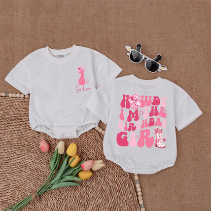 Howdy I'm The Birthday Girl Romper First Rodeo Cowgirl Western Birthday Outfit Pink Floral Boot Disco Hat Accent Baby Shower Gift Celebration