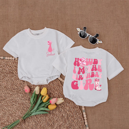 Howdy I'm The Birthday Girl Romper First Rodeo Cowgirl Western Birthday Outfit Pink Floral Boot Disco Hat Accent Baby Shower Gift Celebration