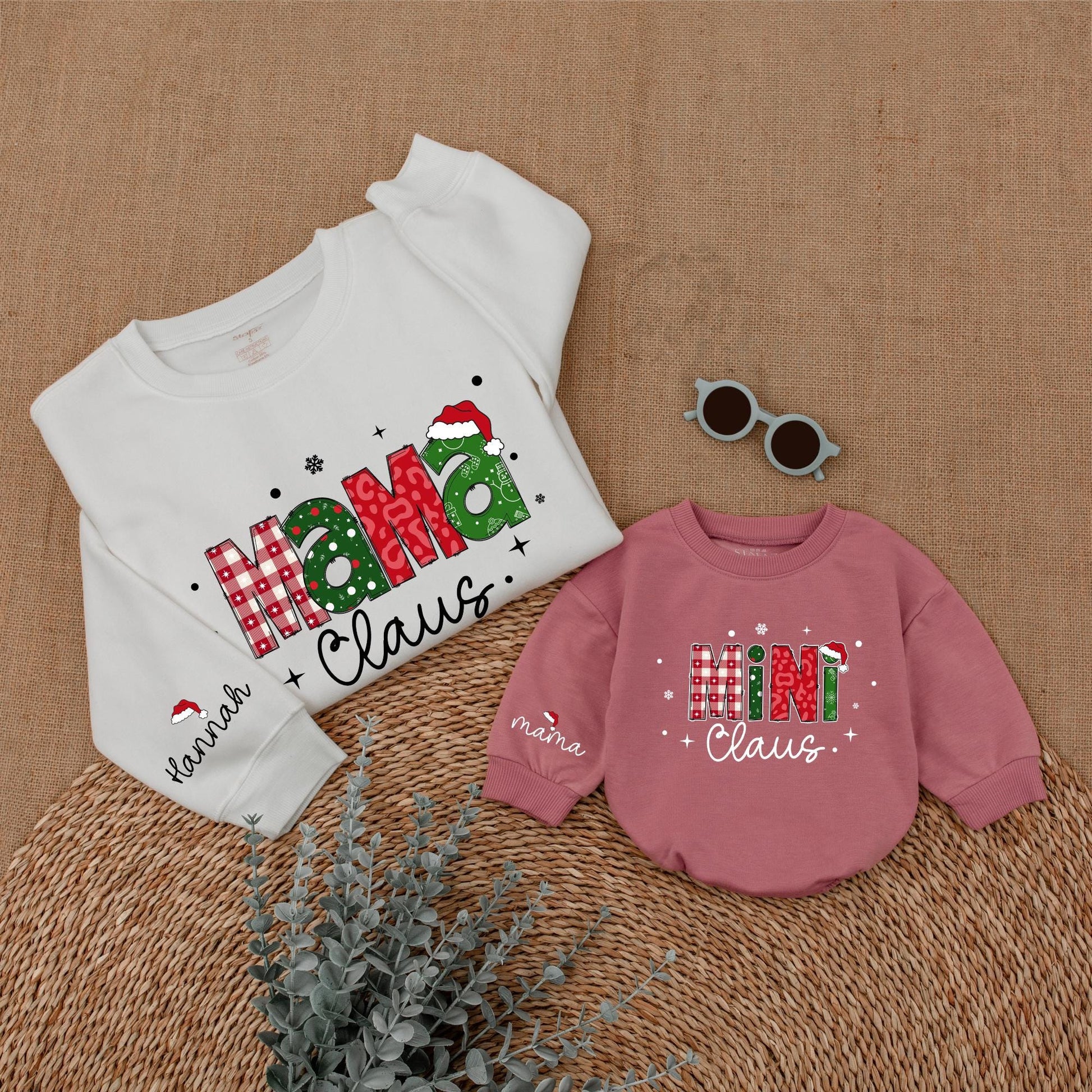 Personalized Mommy and Me Christmas Sweatshirt Mama Claus Mini Claus Festive Red Green Checkerboard Holiday Sweater