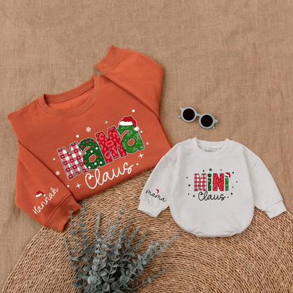 Personalized Mommy and Me Christmas Sweatshirt Mama Claus Mini Claus Festive Red Green Checkerboard Holiday Sweater