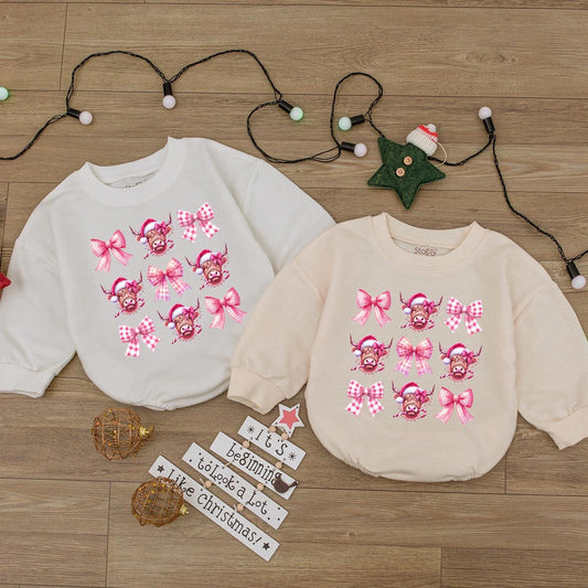 Cute Pink Bow Highland Cow Baby Romper Sweet Cowgirl Sweatshirt for Newborn Girls Festive Holiday Country Western Outfit