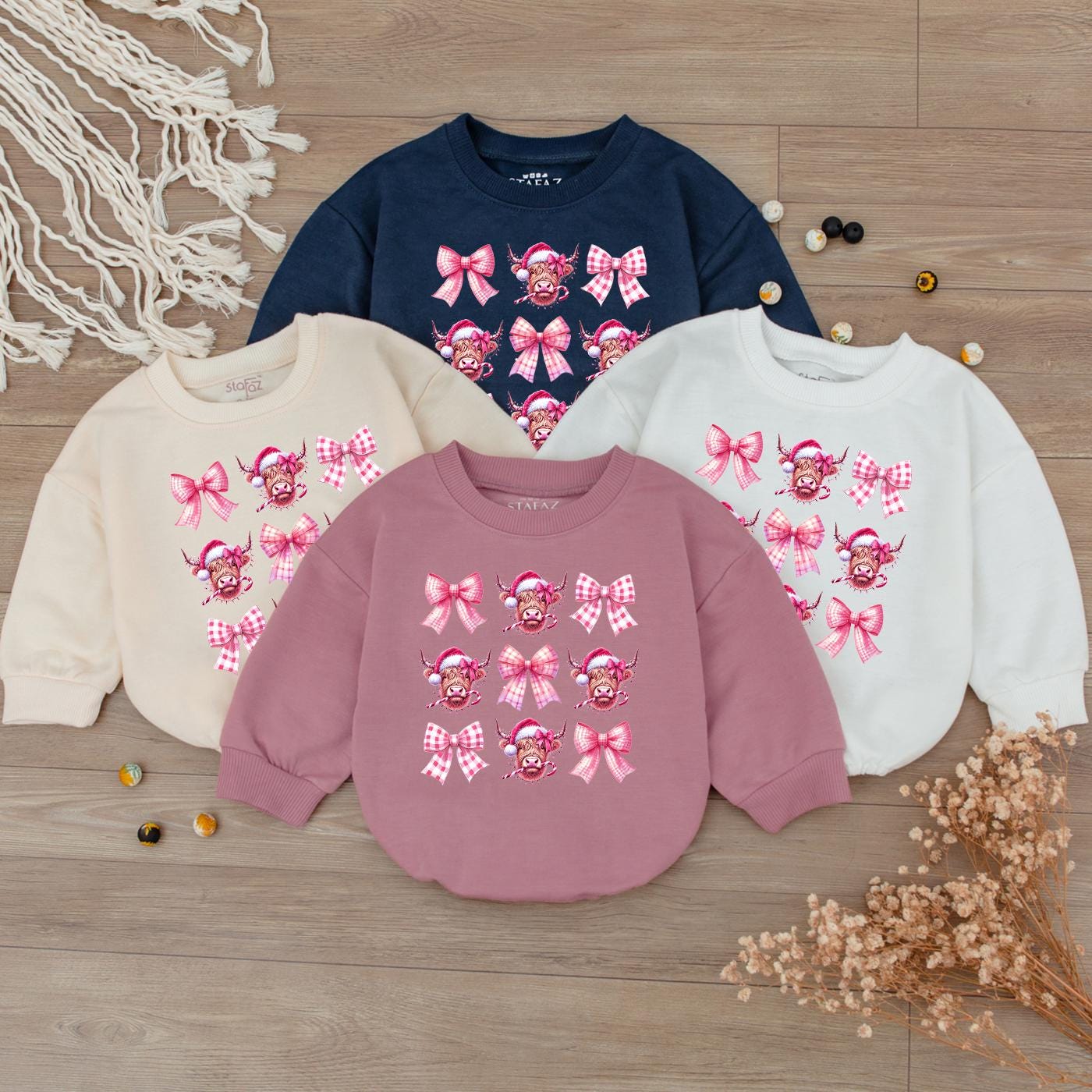 Cute Pink Bow Highland Cow Baby Romper Sweet Cowgirl Sweatshirt for Newborn Girls Festive Holiday Country Western Outfit