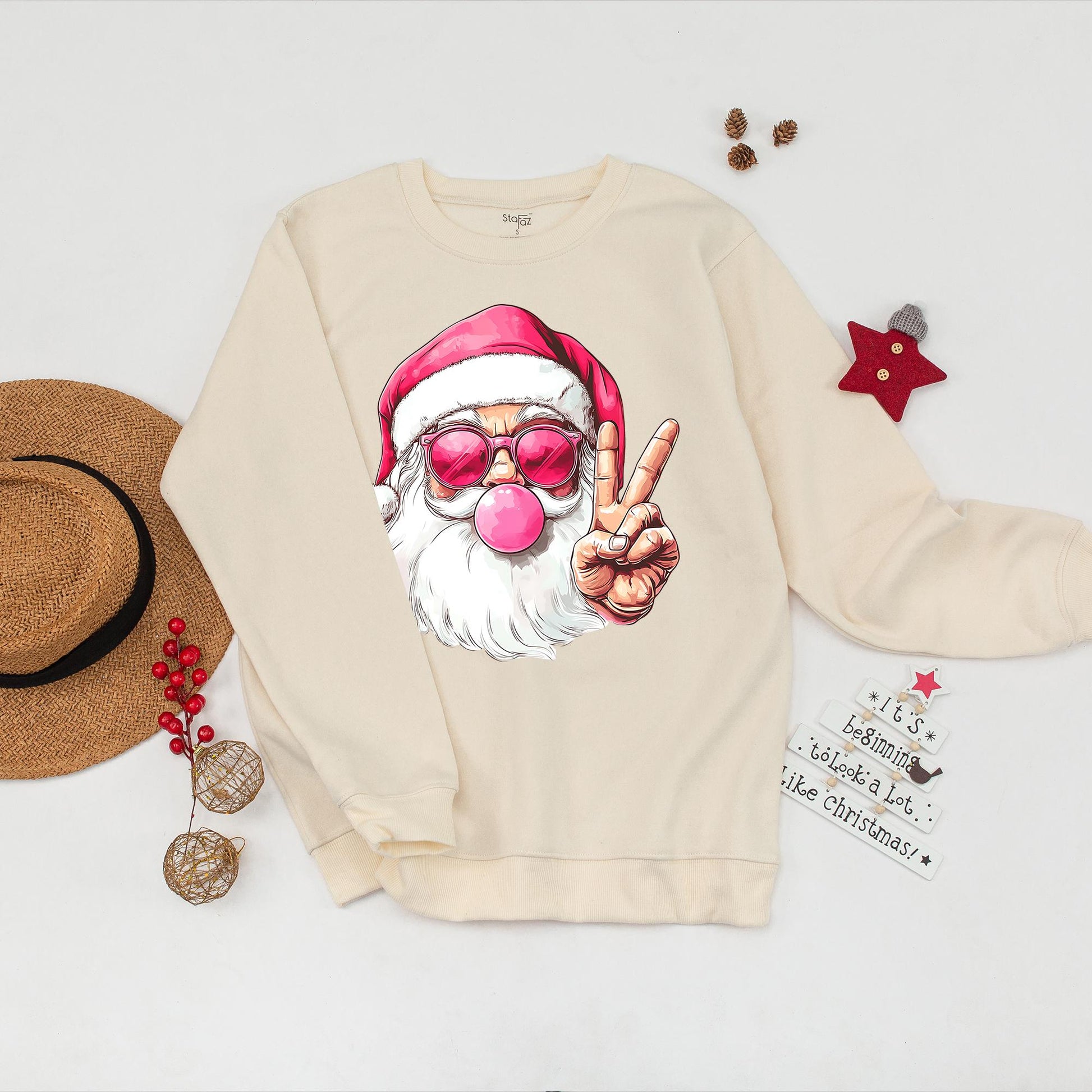 Funny Retro Santa Christmas Sweatshirt Pink Bubblegum Santa with Sunglasses Women's Holiday Sweater Playful Contemporary Christmas Gift