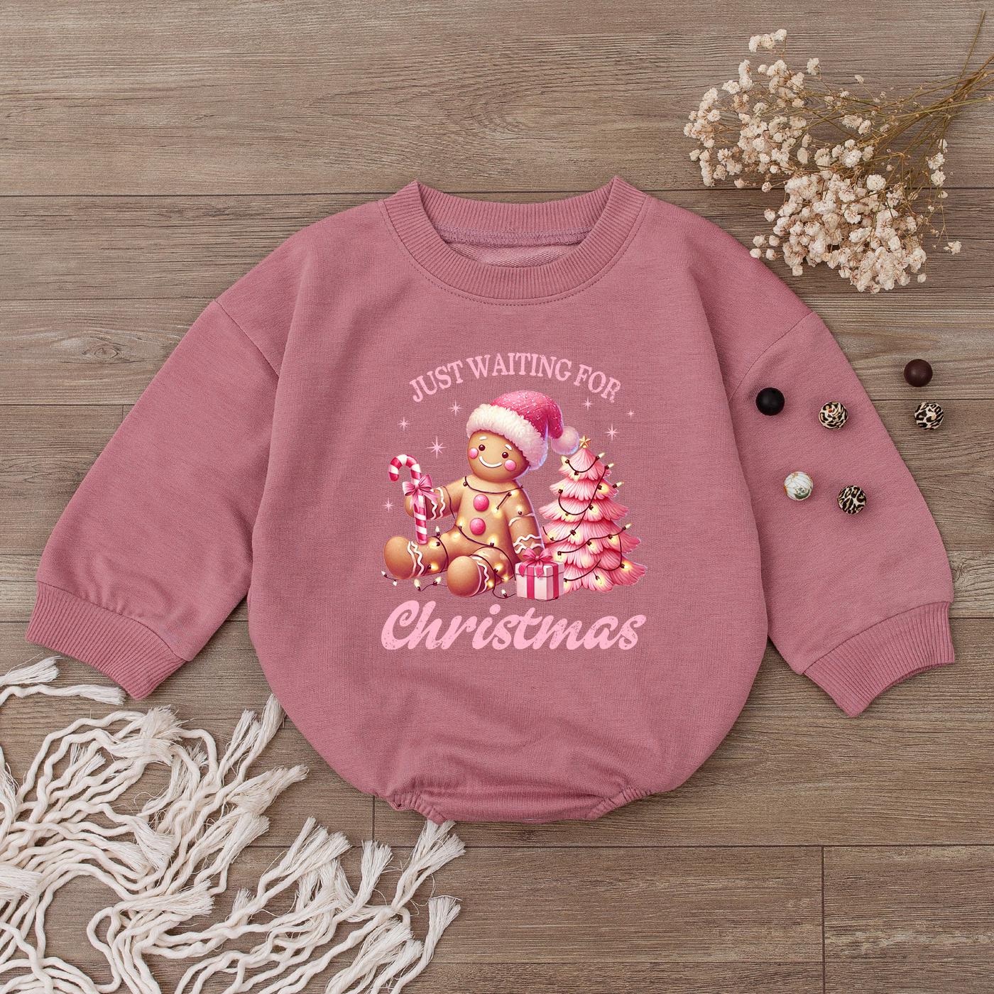 Just Waiting for Christmas Baby Romper, Pink Gingerbread Outfit for Baby Girl, Holiday Clothes Newborn, Festive Gift
