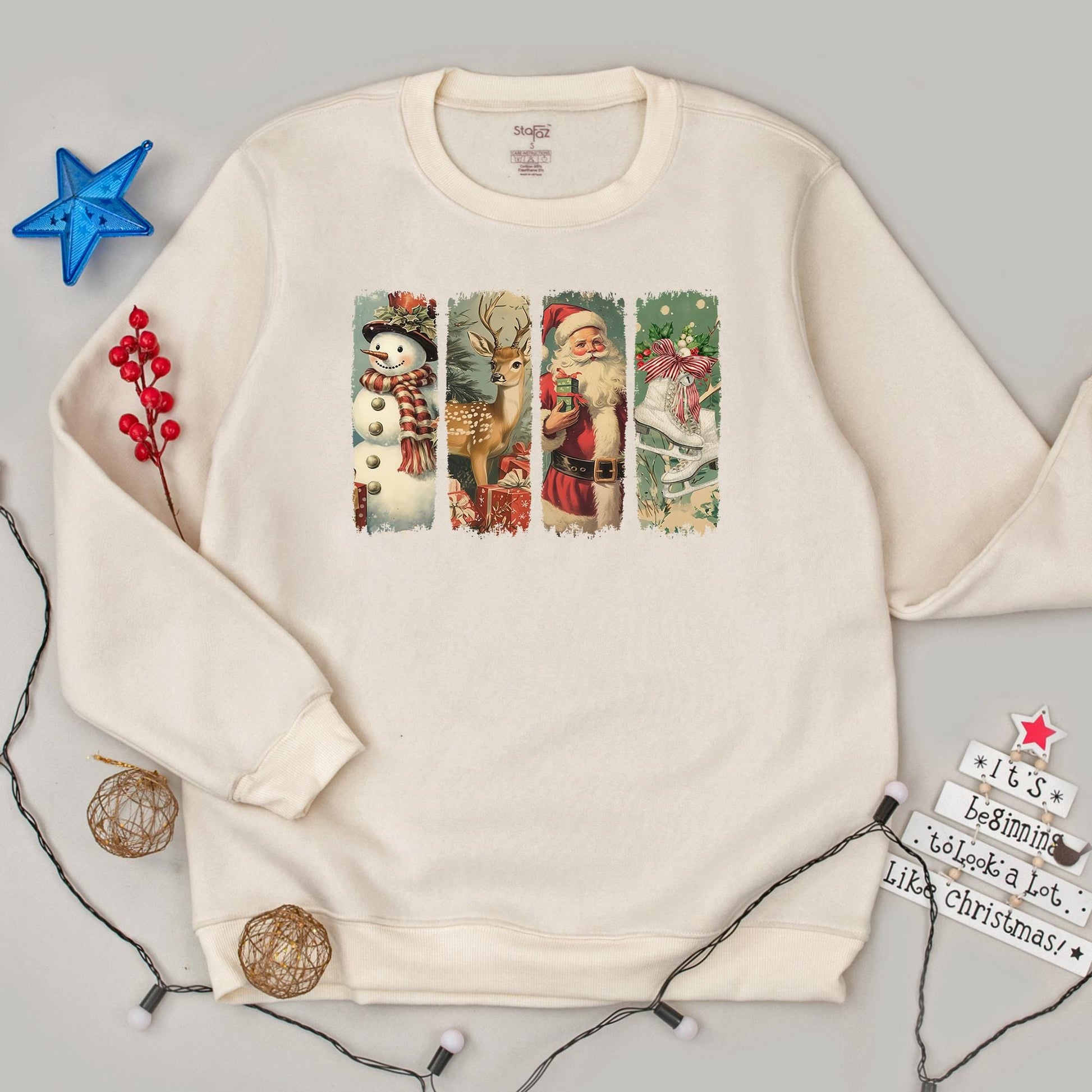 Vintage Retro Christmas Sweatshirt featuring Santa Snowman Deer & Ice Skates Panels, Muted Holiday Sweater for Festive Gatherings & Cozy Winter Gifts