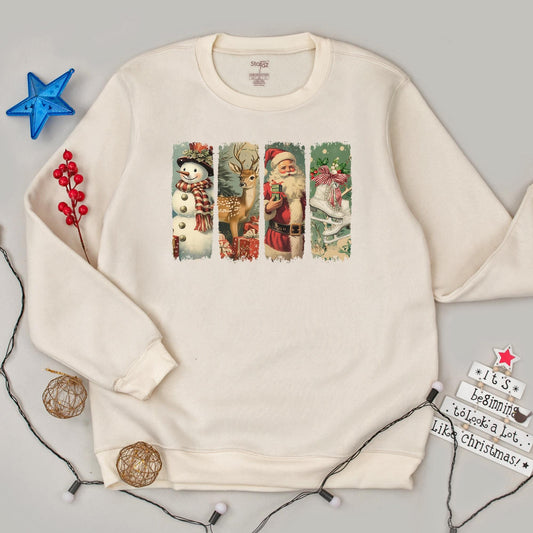 Vintage Retro Christmas Sweatshirt featuring Santa Snowman Deer & Ice Skates Panels, Muted Holiday Sweater for Festive Gatherings & Cozy Winter Gifts