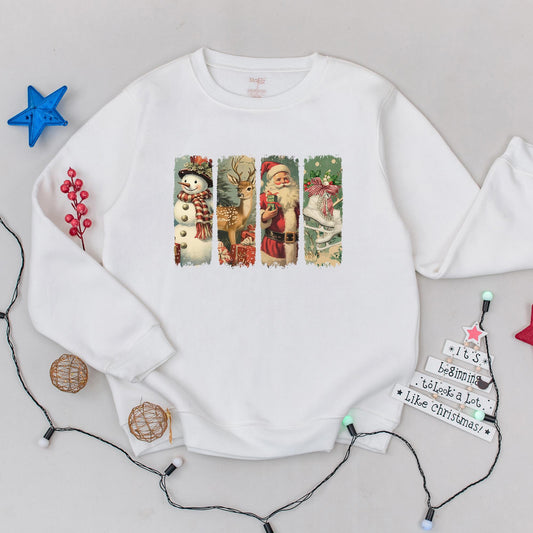 Vintage Retro Christmas Sweatshirt featuring Santa Snowman Deer & Ice Skates Panels, Muted Holiday Sweater for Festive Gatherings & Cozy Winter Gifts