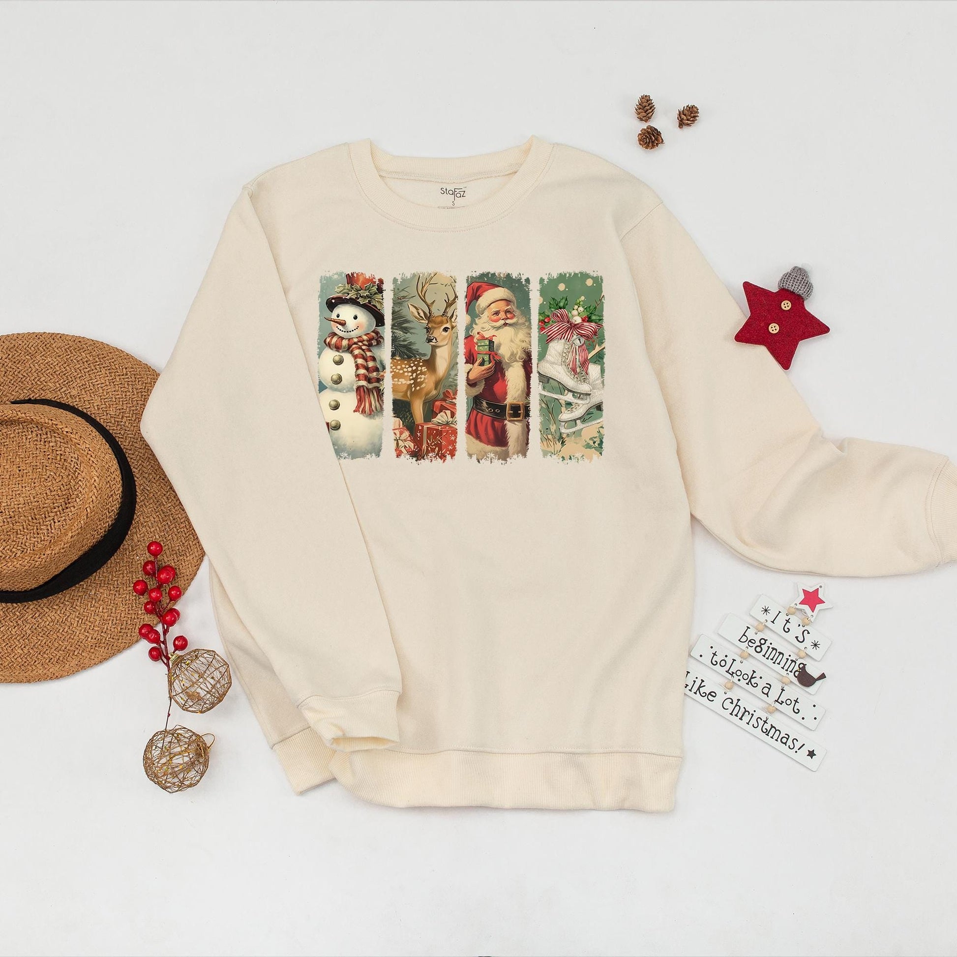 Vintage Retro Christmas Sweatshirt featuring Santa Snowman Deer & Ice Skates Panels, Muted Holiday Sweater for Festive Gatherings & Cozy Winter Gifts