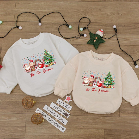 Tis The Season Christmas Romper: Cheerful Holiday Drinks & Characters Baby Sweatshirt Outfit, Cozy Christmas Clothes, Baby's First Christmas Gift 139