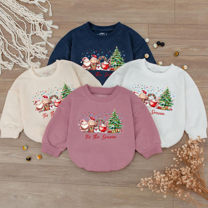 Tis The Season Christmas Romper: Cheerful Holiday Drinks & Characters Baby Sweatshirt Outfit, Cozy Christmas Clothes, Baby's First Christmas Gift 139