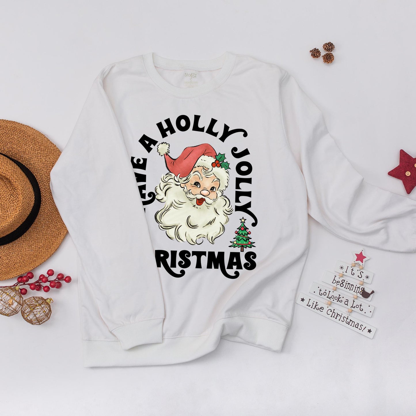 Retro Santa Claus Christmas Sweatshirt Have A Holly Jolly Christmas Womens Holiday Apparel Red Hat Holly Accents Gift