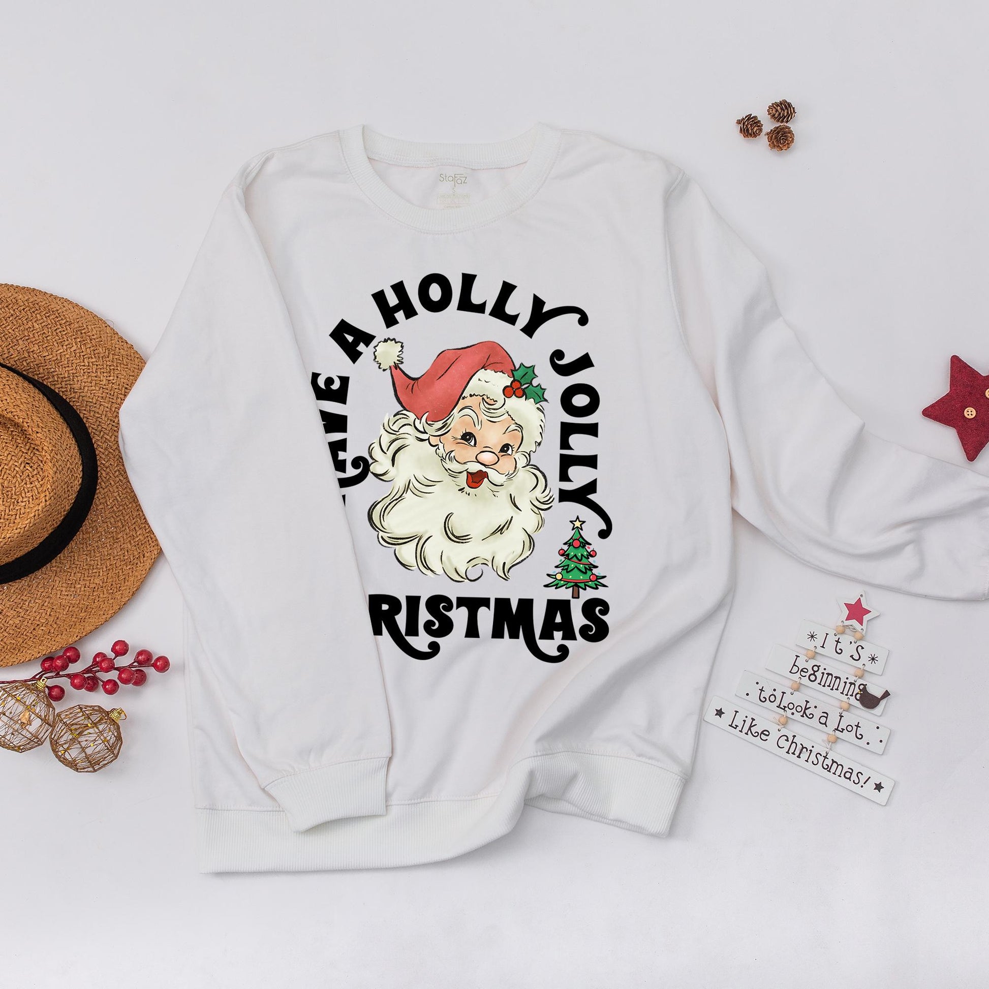 Retro Santa Claus Christmas Sweatshirt Have A Holly Jolly Christmas Womens Holiday Apparel Red Hat Holly Accents Gift