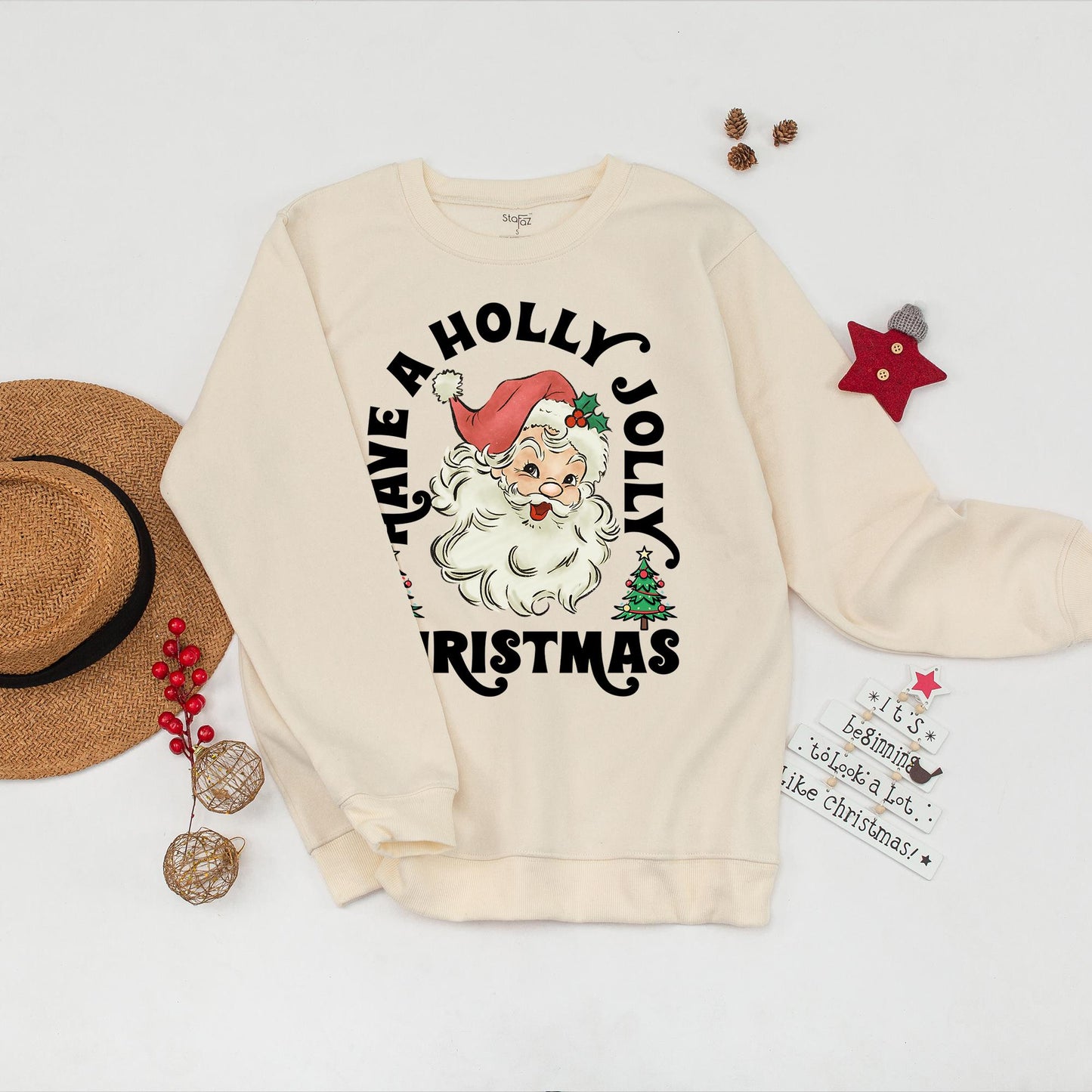 Retro Santa Claus Christmas Sweatshirt Have A Holly Jolly Christmas Womens Holiday Apparel Red Hat Holly Accents Gift