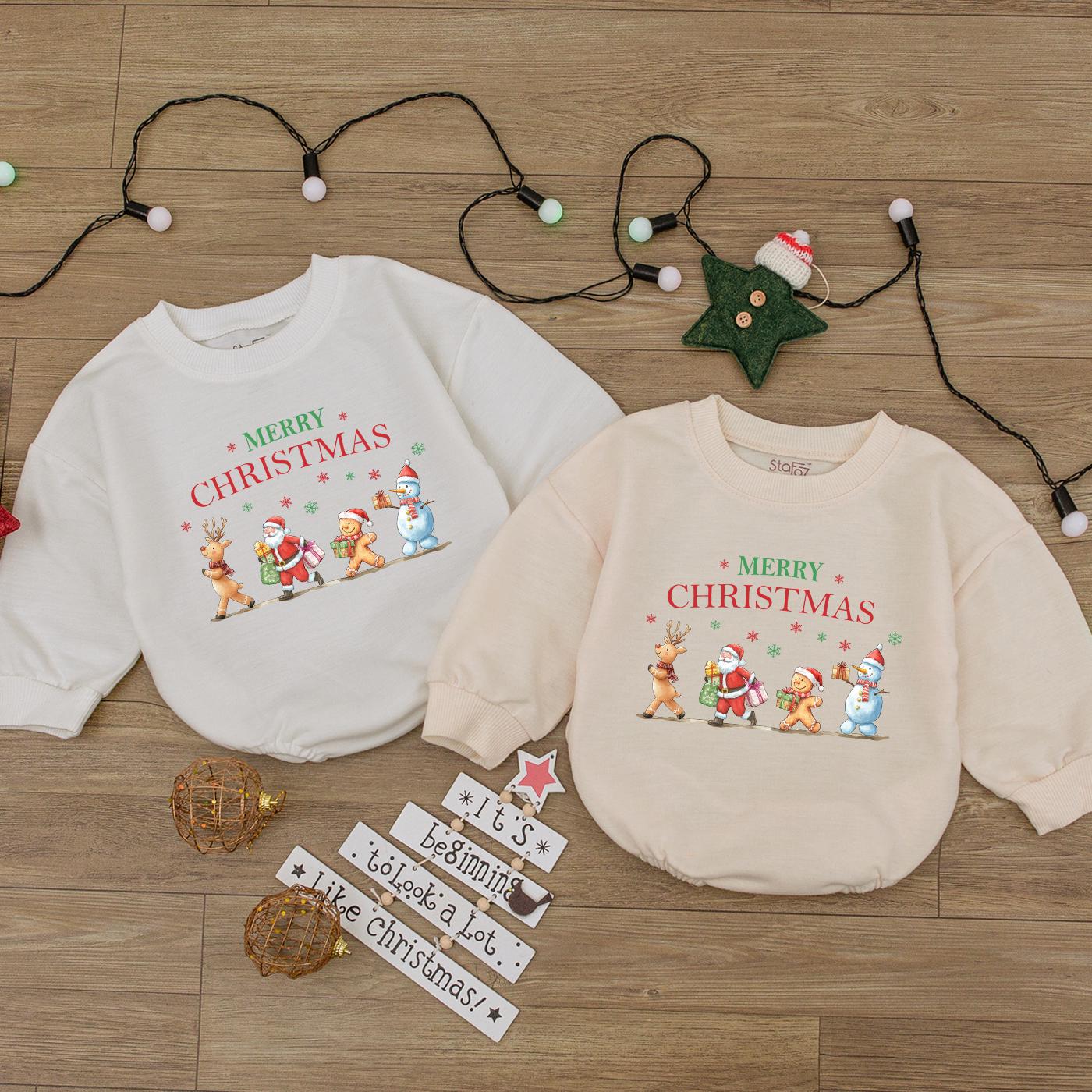 Merry Christmas Baby Romper Outfit! Festive Reindeer Santa 1st Christmas Newborn Gift Set for Baby Girls Boys, Cute Holiday Sweatshirt Kids Clothes