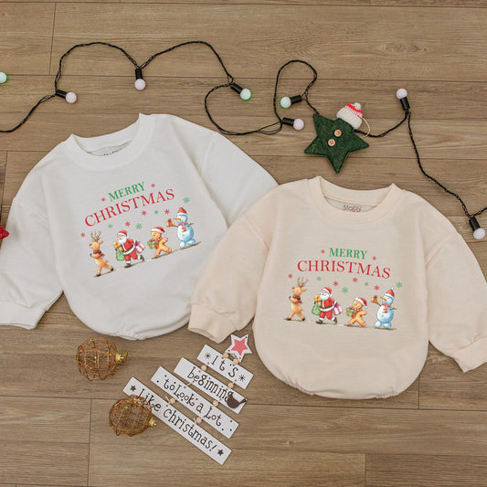 Merry Christmas Baby Romper Outfit! Festive Reindeer Santa 1st Christmas Newborn Gift Set for Baby Girls Boys, Cute Holiday Sweatshirt Kids Clothes