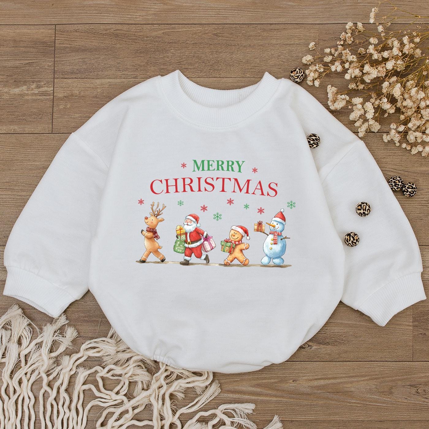 Merry Christmas Baby Romper Outfit! Festive Reindeer Santa 1st Christmas Newborn Gift Set for Baby Girls Boys, Cute Holiday Sweatshirt Kids Clothes