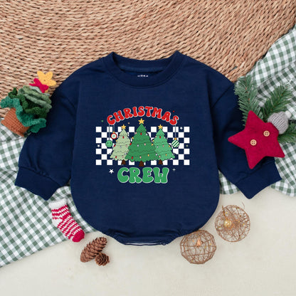 Retro Christmas Crew Baby Romper, Green Holiday Bodysuit for Baby Shower, First Christmas Outfit, Black Checkered Winter Clothes 1st Christmas Gift