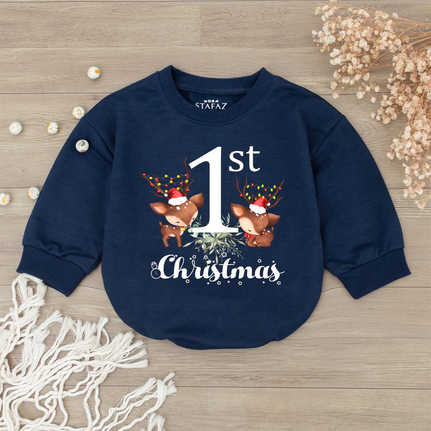 1st Christmas Bodysuit Cute Reindeer Baby Outfit My First Christmas Romper Santa Hat Lights Script Christmas Gift for Toddler