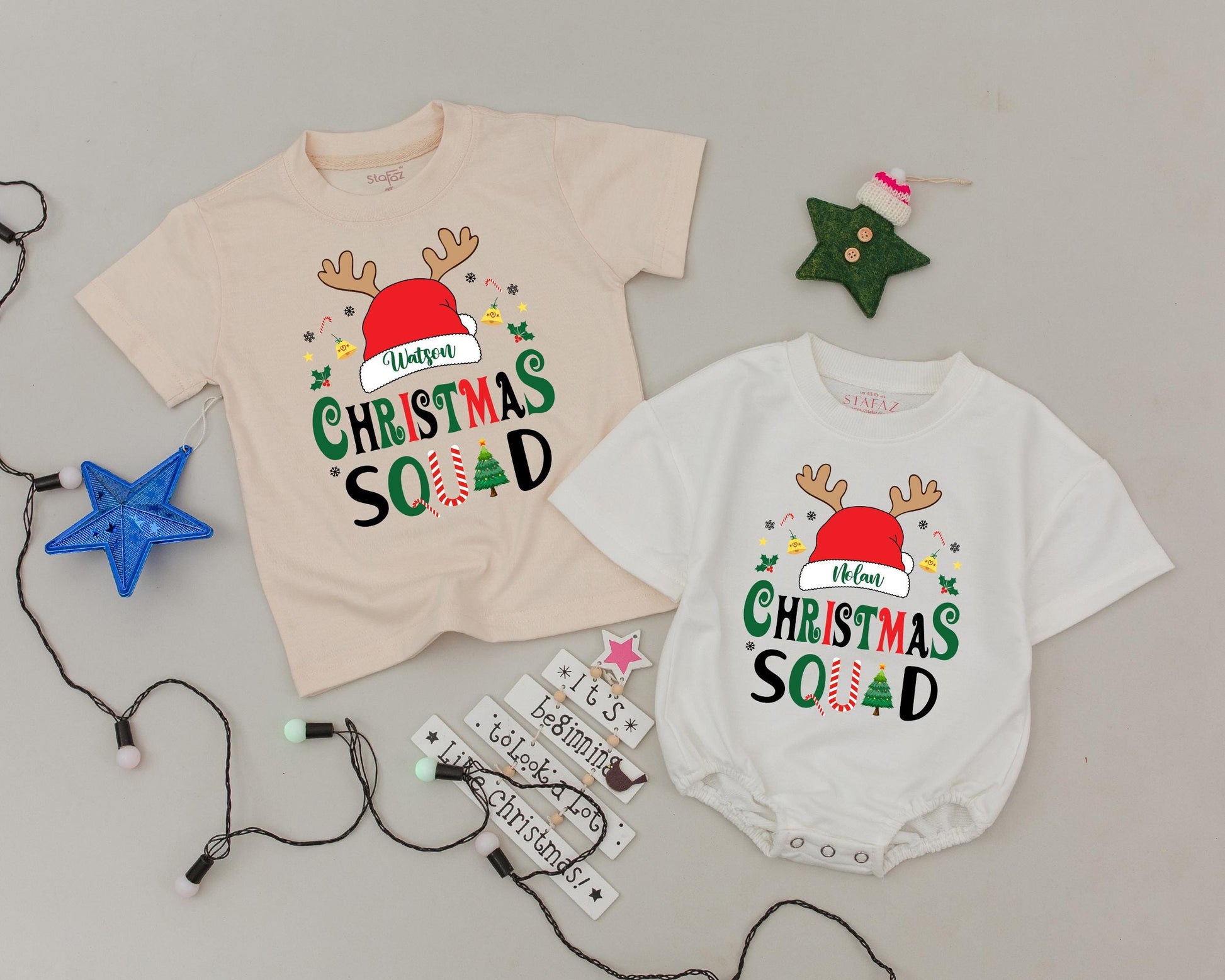 Personalized Christmas Squad Family Matching Shirts with Name, Reindeer Antlers, Santa Hat & Festive Holiday Pajamas