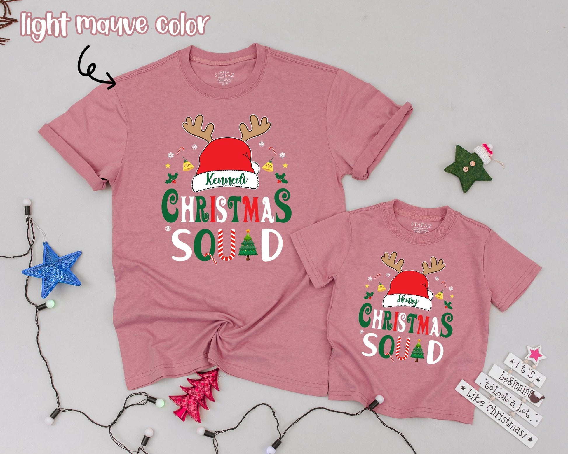 Personalized Christmas Squad Family Matching Shirts with Name, Reindeer Antlers, Santa Hat & Festive Holiday Pajamas
