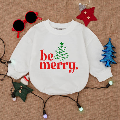 Be Merry Christmas Bubble Romper, Festive Baby Bodysuit with Tree Graphic, Girly Holiday Outfit, Infant Romper Gift, Santa Claus Costume 135 chars