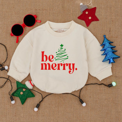 Be Merry Christmas Bubble Romper, Festive Baby Bodysuit with Tree Graphic, Girly Holiday Outfit, Infant Romper Gift, Santa Claus Costume 135 chars