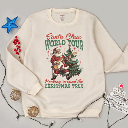 Santa Claus World Tour Rocking Electric Guitar Christmas Tree Sweatshirt Vintage Retro Funny Holiday Graphic Outfit Women's Gift
