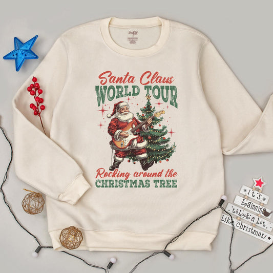 Santa Claus World Tour Rocking Electric Guitar Christmas Tree Sweatshirt Vintage Retro Funny Holiday Graphic Outfit Women's Gift