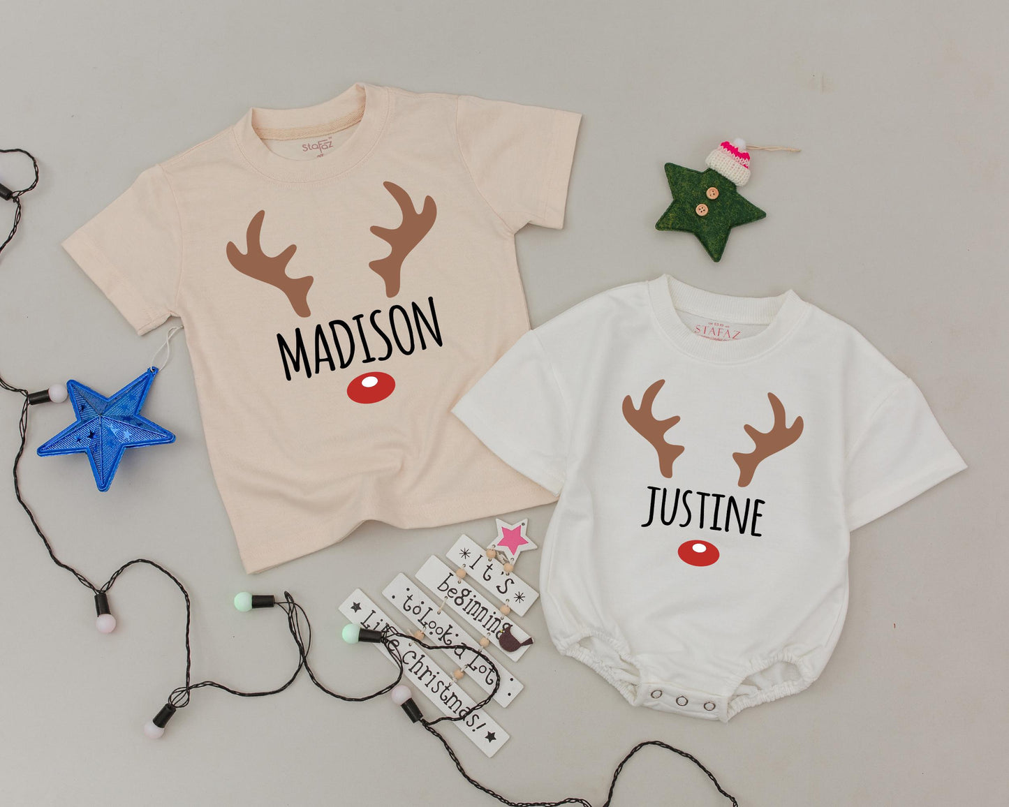 Matching Family Custom Name Christmas Shirts featuring Reindeer Antler & Red Nose Design for Mom Dad Kids Baby Toddler Festive Holiday Tee Gift