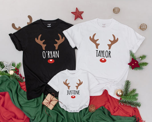 Matching Family Custom Name Christmas Shirts featuring Reindeer Antler & Red Nose Design for Mom Dad Kids Baby Toddler Festive Holiday Tee Gift