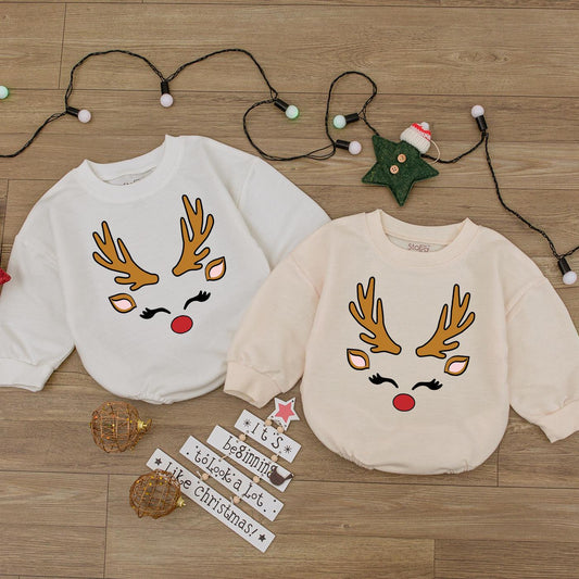 Reindeer Face Baby Romper - 1st Christmas Outfit for Baby Girl & Boy - Cute Xmas Clothes Newborn Shower Gift