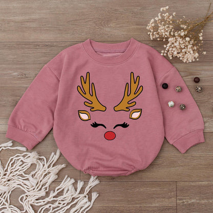 Reindeer Face Baby Romper - 1st Christmas Outfit for Baby Girl & Boy - Cute Xmas Clothes Newborn Shower Gift