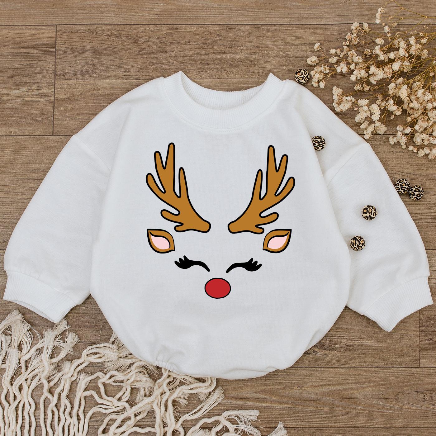 Reindeer Face Baby Romper - 1st Christmas Outfit for Baby Girl & Boy - Cute Xmas Clothes Newborn Shower Gift